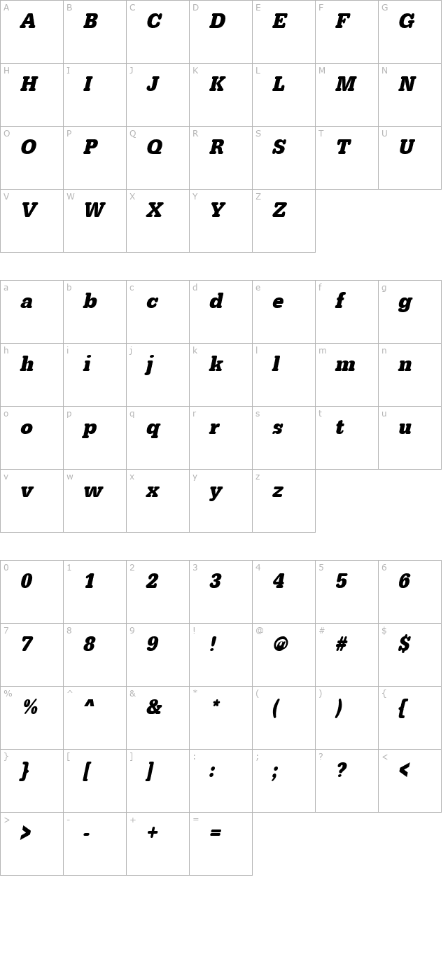 astridbeckernarrow-bold-italic character map