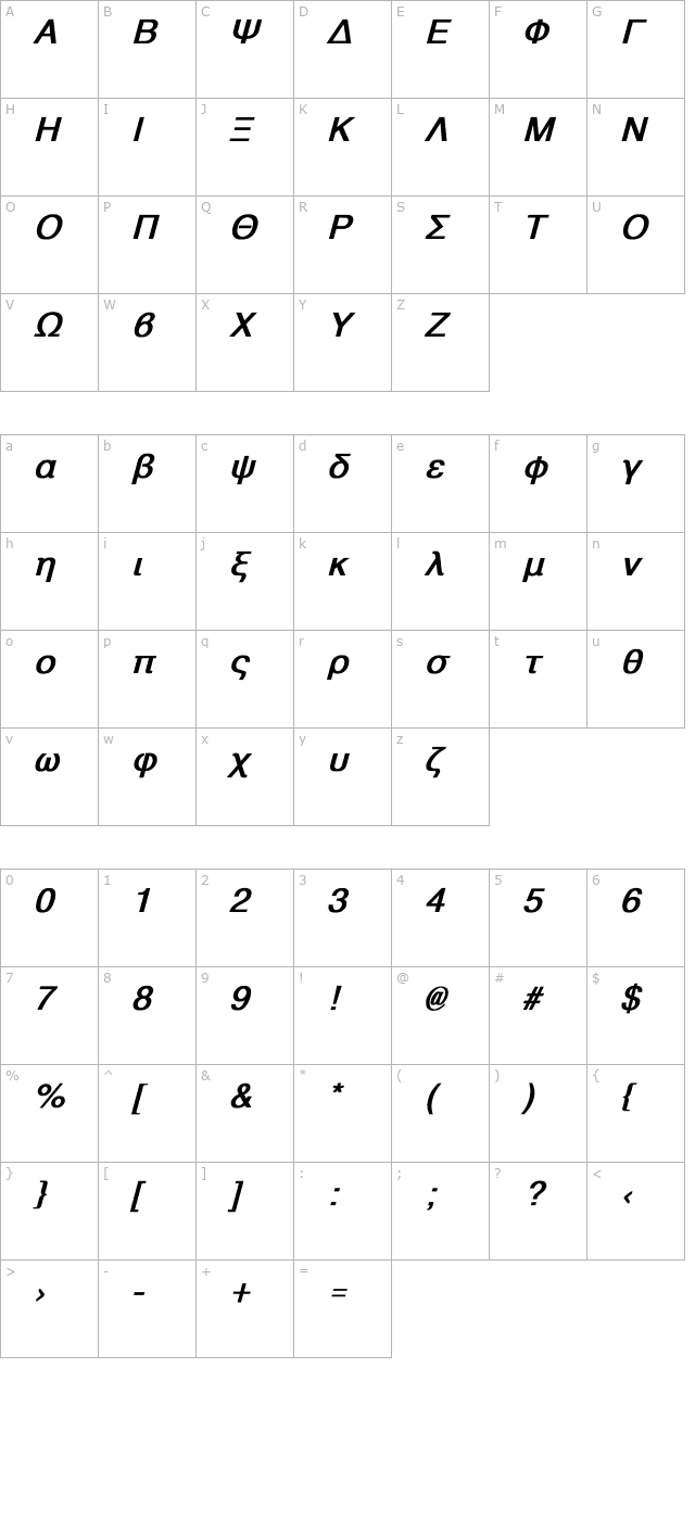 Athens Greek Bold Italic character map