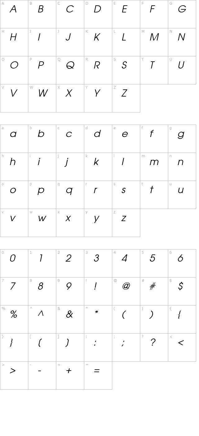 Atilla Italic character map