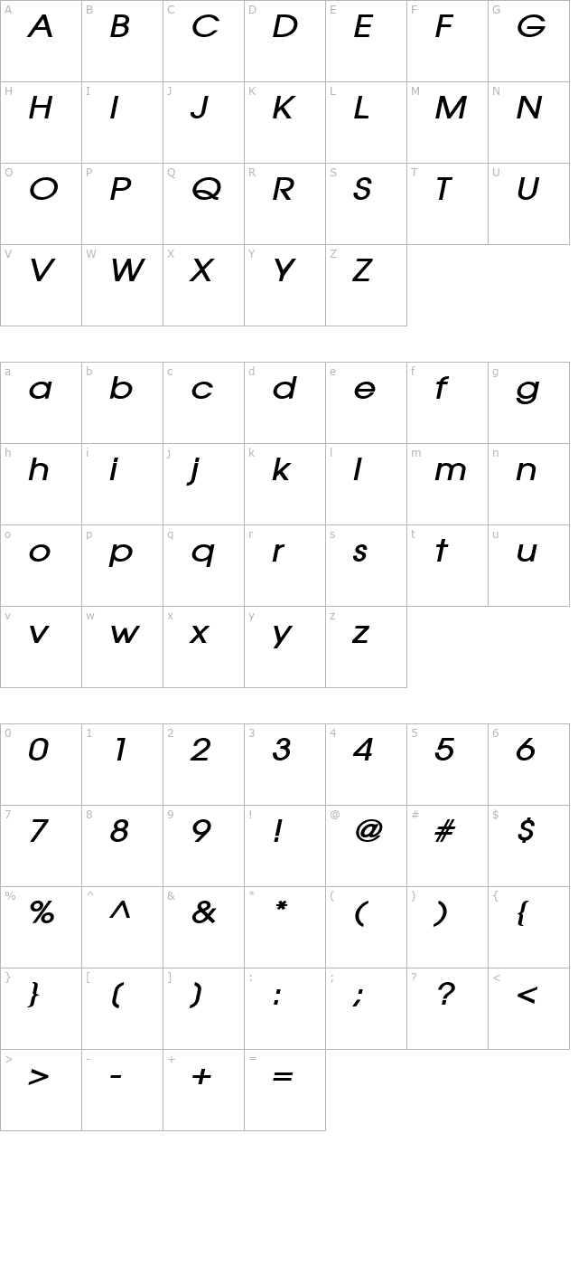 Atilla Wide BoldItalic character map