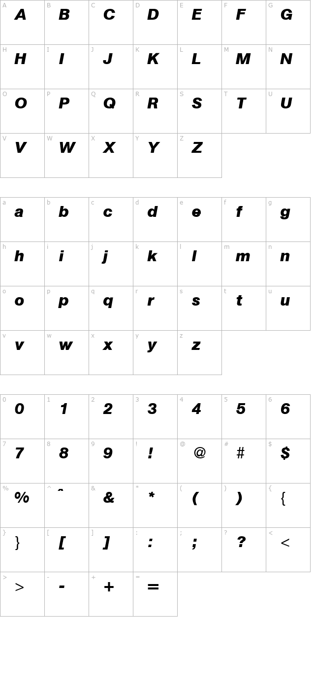 Atkins-BoldItalic character map