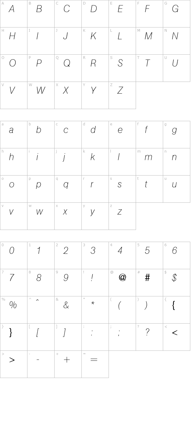 AtkinsUltraLight-RegularItalic character map