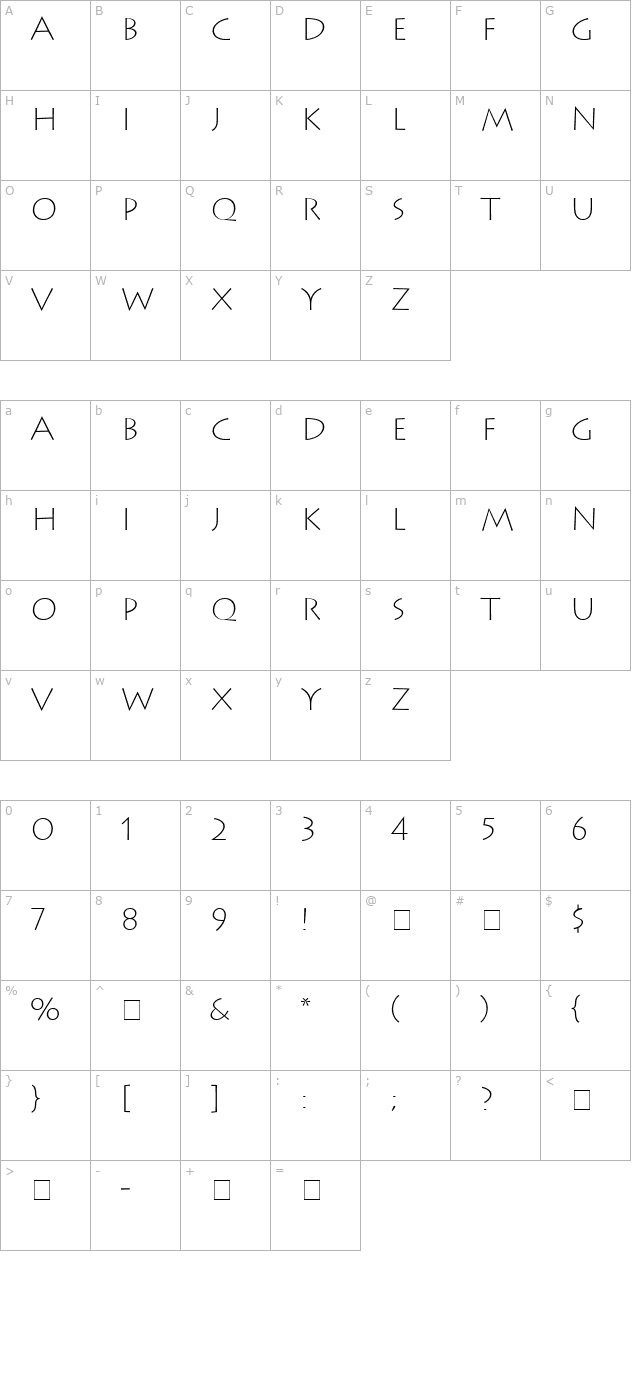 Austere Light SSi Extra Light character map