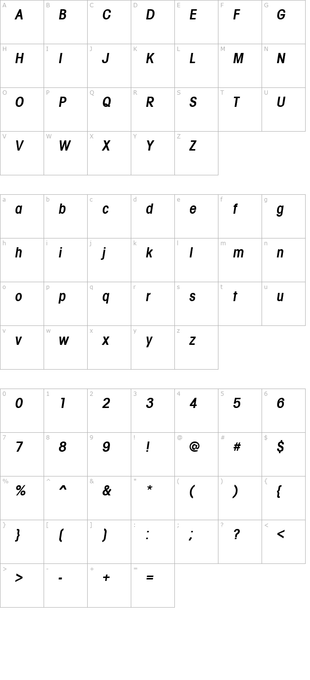 AvalonCond Bold Italic character map