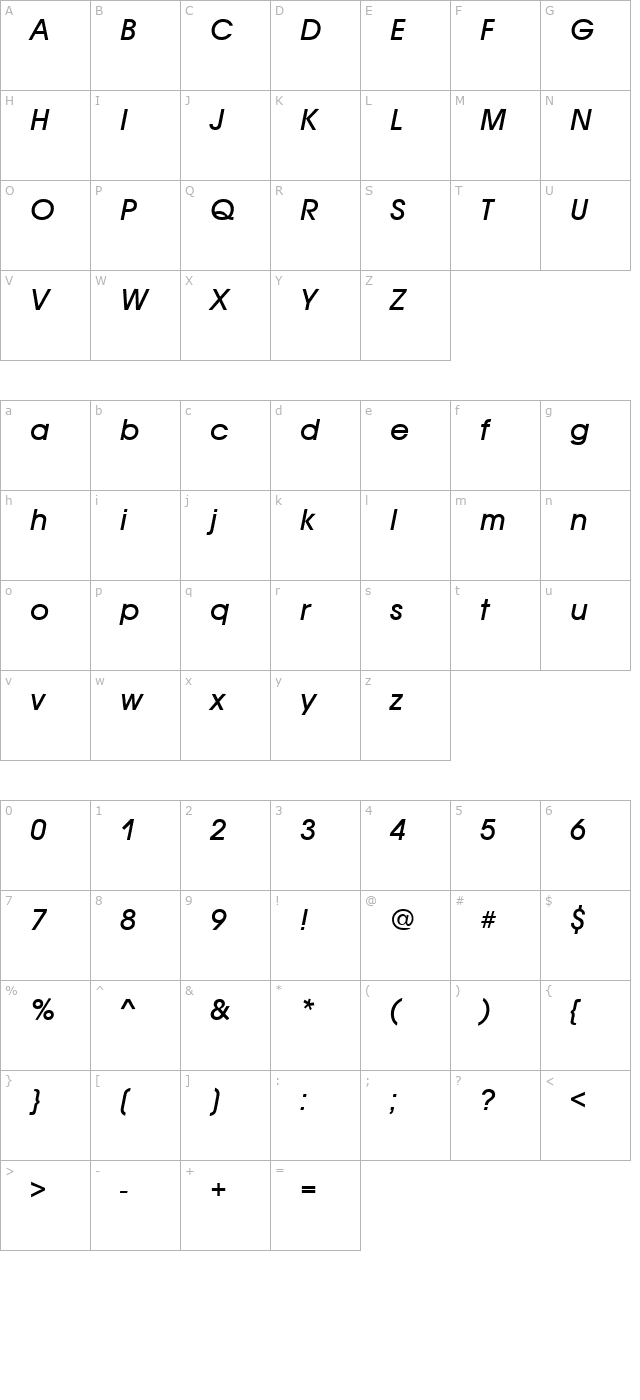 AvalonTwo Italic character map