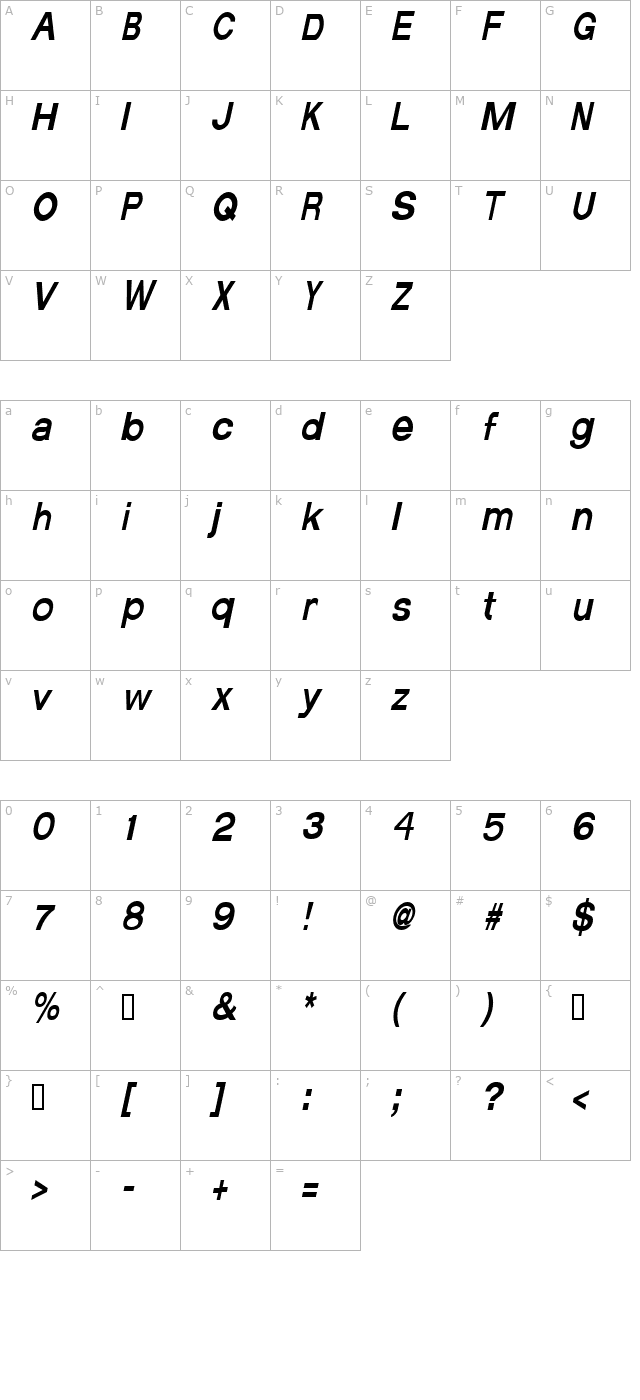 averagecondensed-italic character map