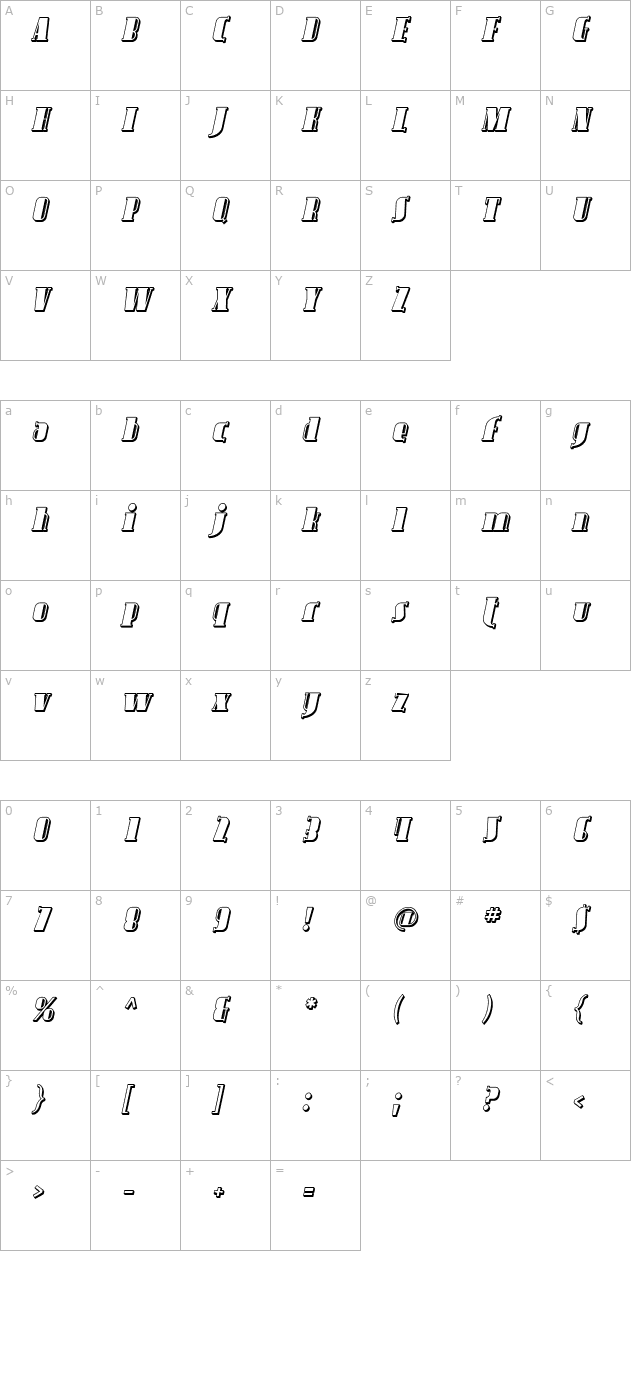 Avondale Shaded Italic character map