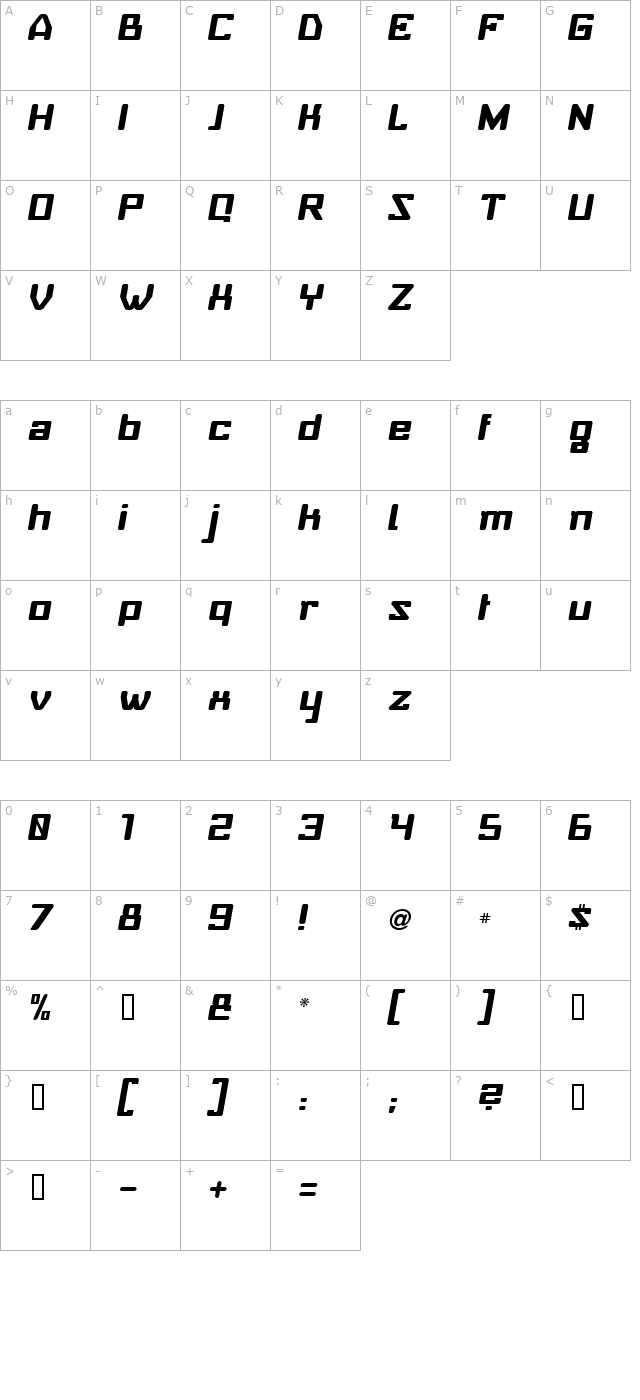 Baby Universe Italic character map