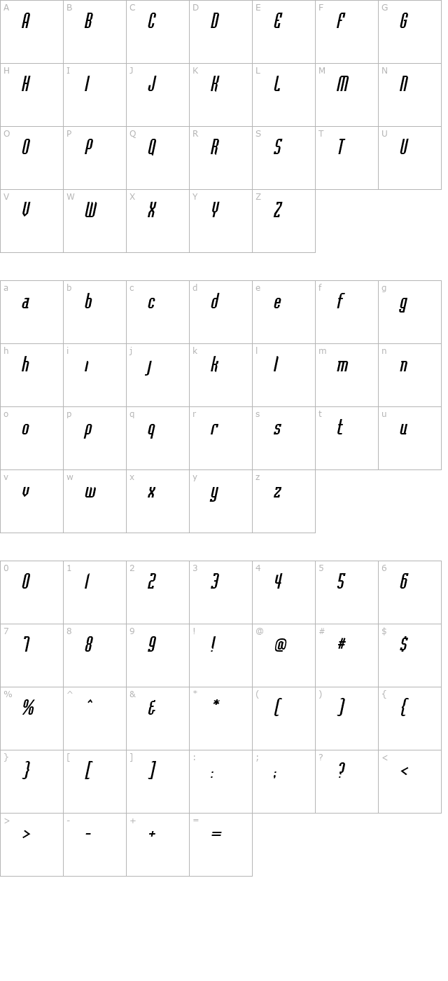 baccus-italic character map