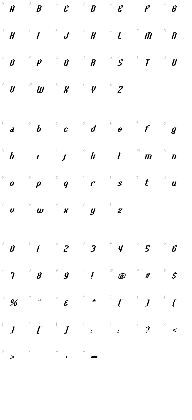 BaccusBevelExp Italic character map