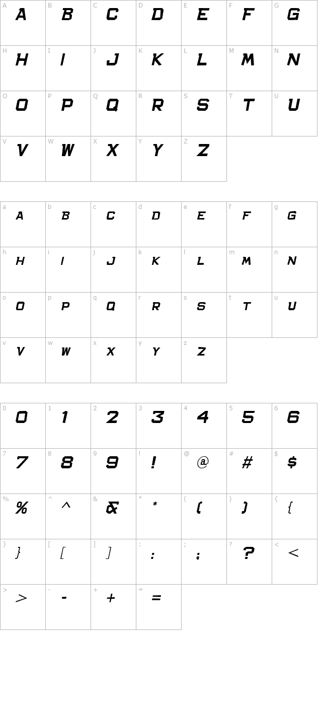 Bachelor Pad JL Italic character map