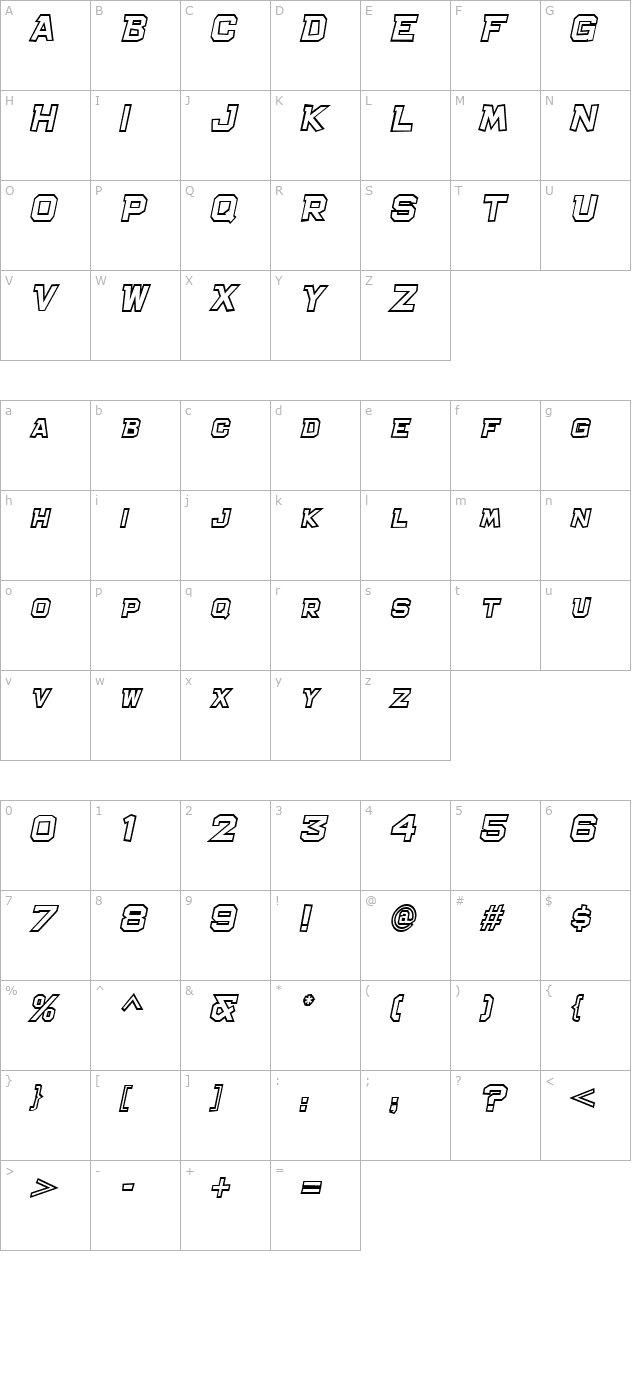 Bachelor Pad Outline JL Italic character map