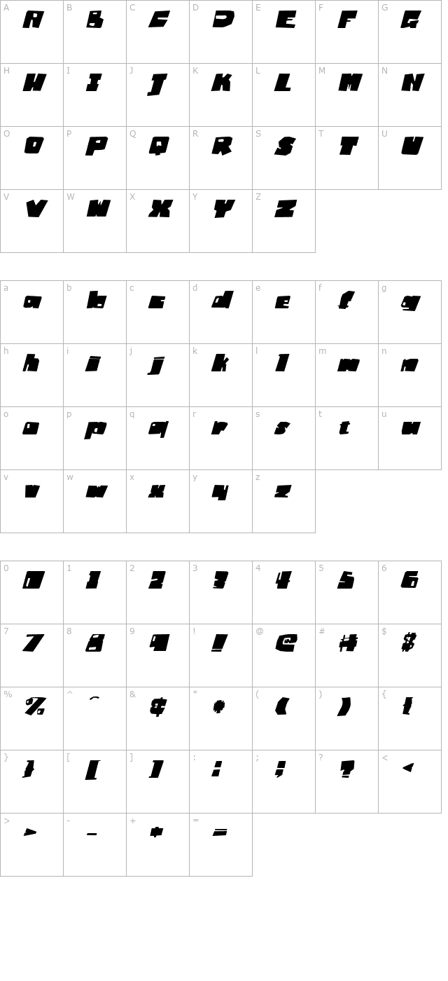 Badger Fatboy Italic character map