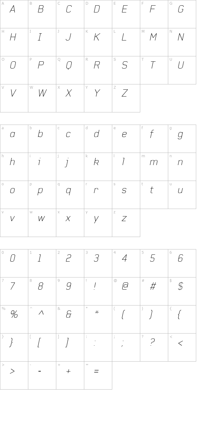 Baksheesh ThinItalic character map