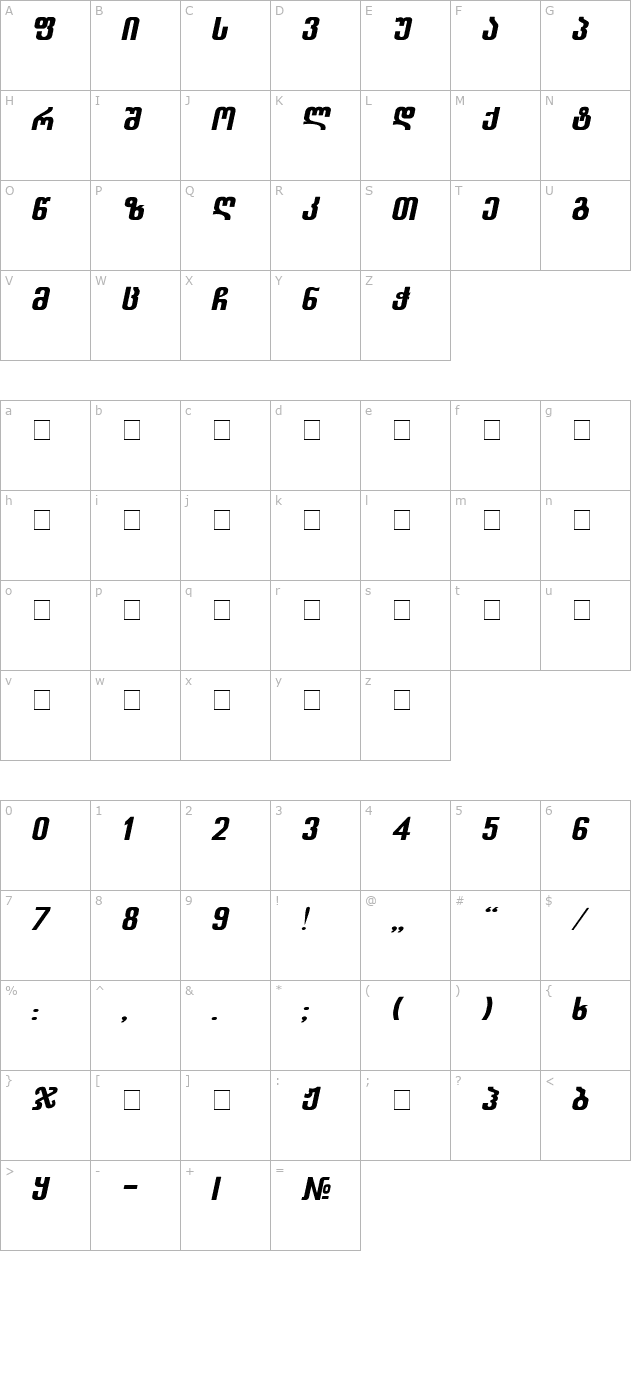 Balavery-ITV Italic character map