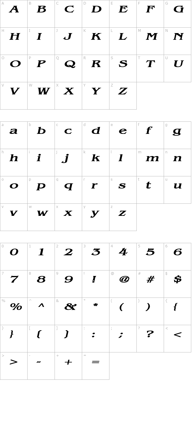 Bangle Extended BoldItalic character map