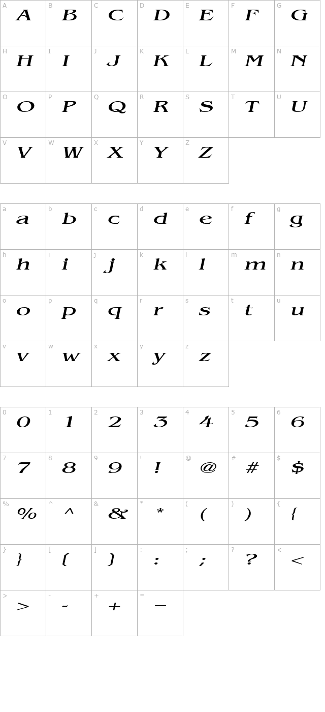 Bangle Extended Italic character map