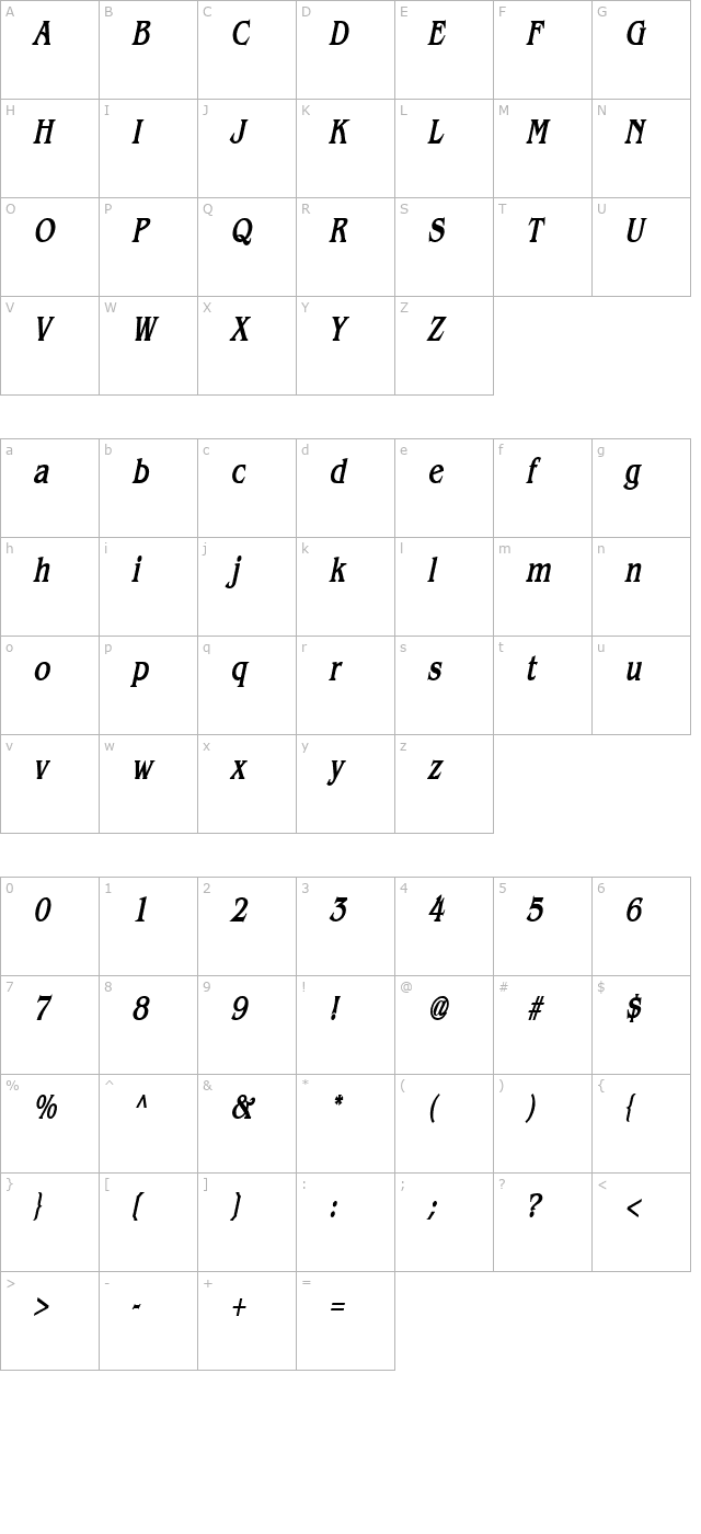 Bangle Thin BoldItalic character map