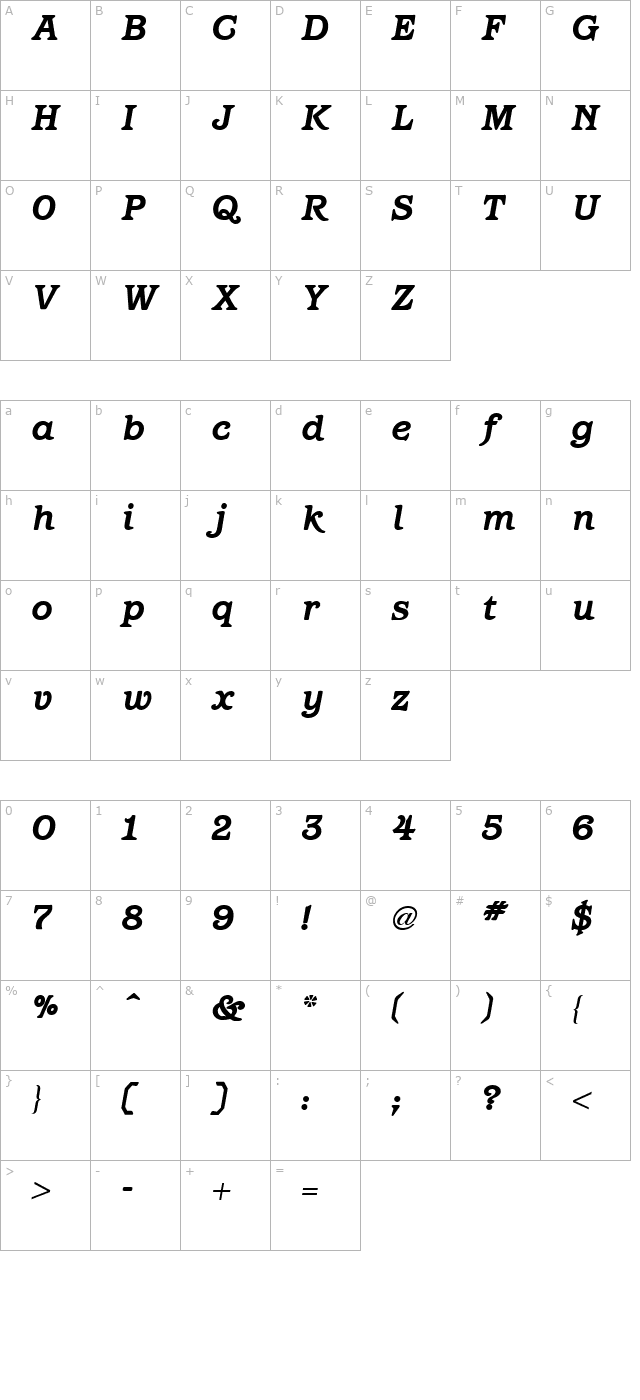 Barcelona Bold Italic character map