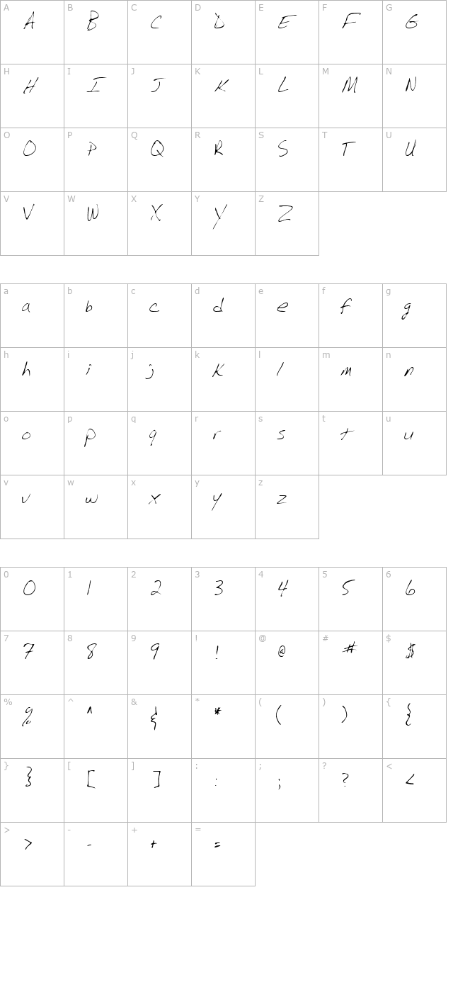 BarrysHand Regular character map