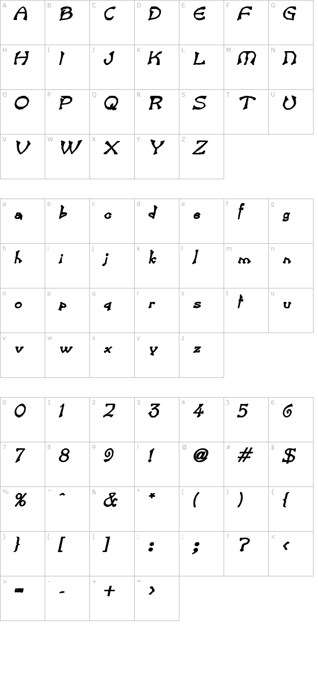 Bart Heavy BoldItalic character map