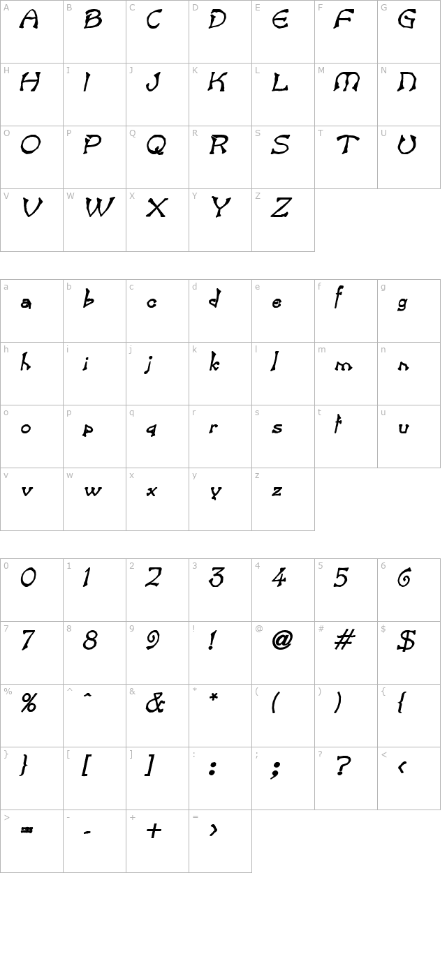 bart-heavy-italic character map