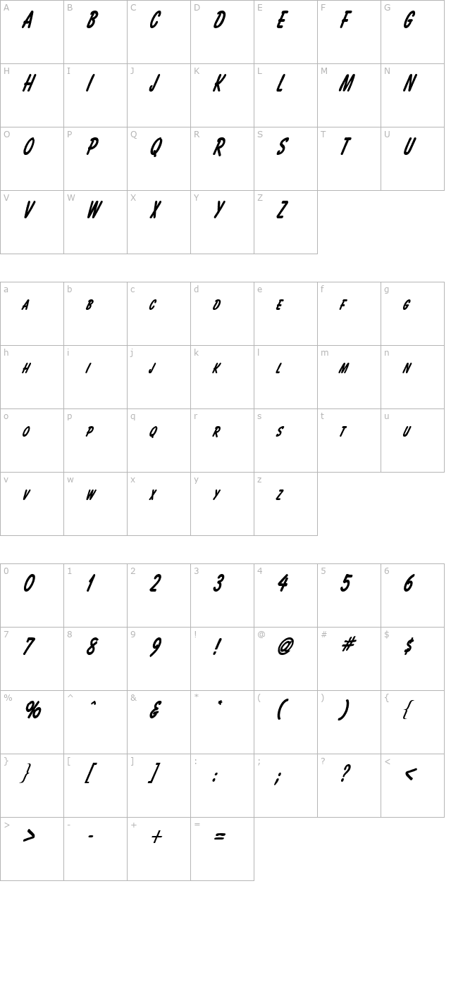 Bassett Thin BoldItalic character map