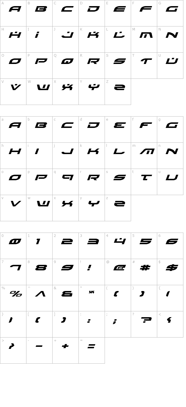 Battlefield Expanded Italic character map