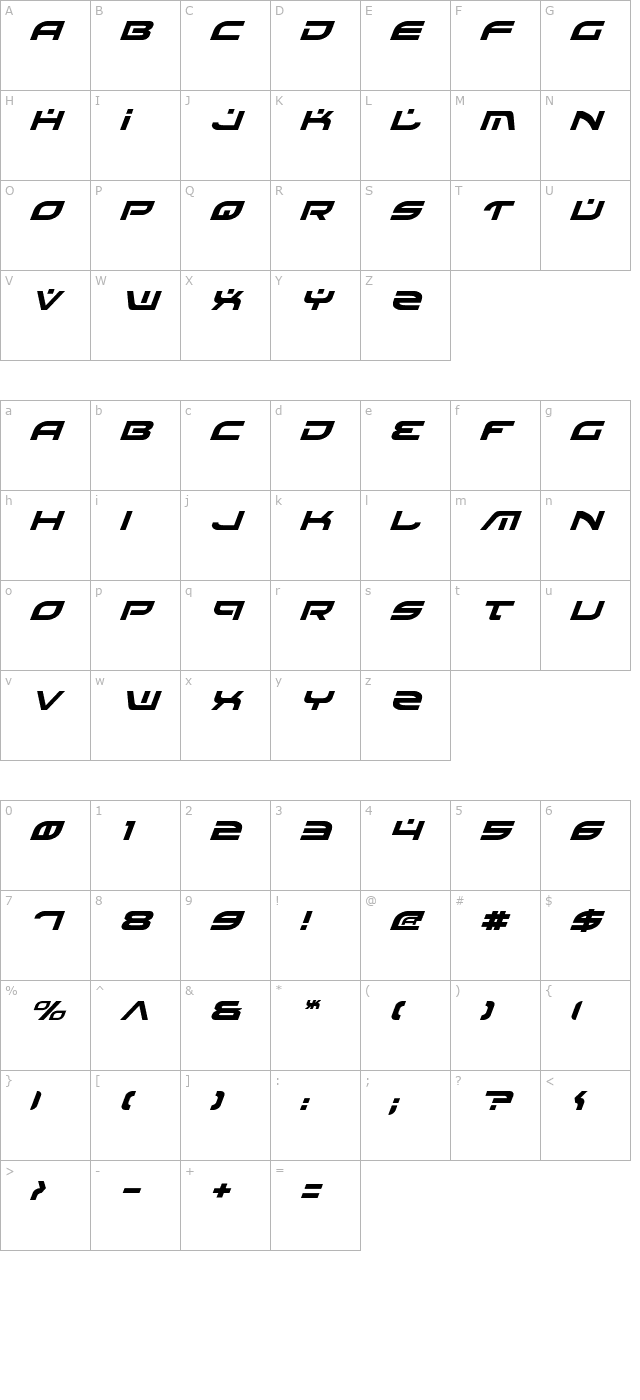 battlefield-italic character map