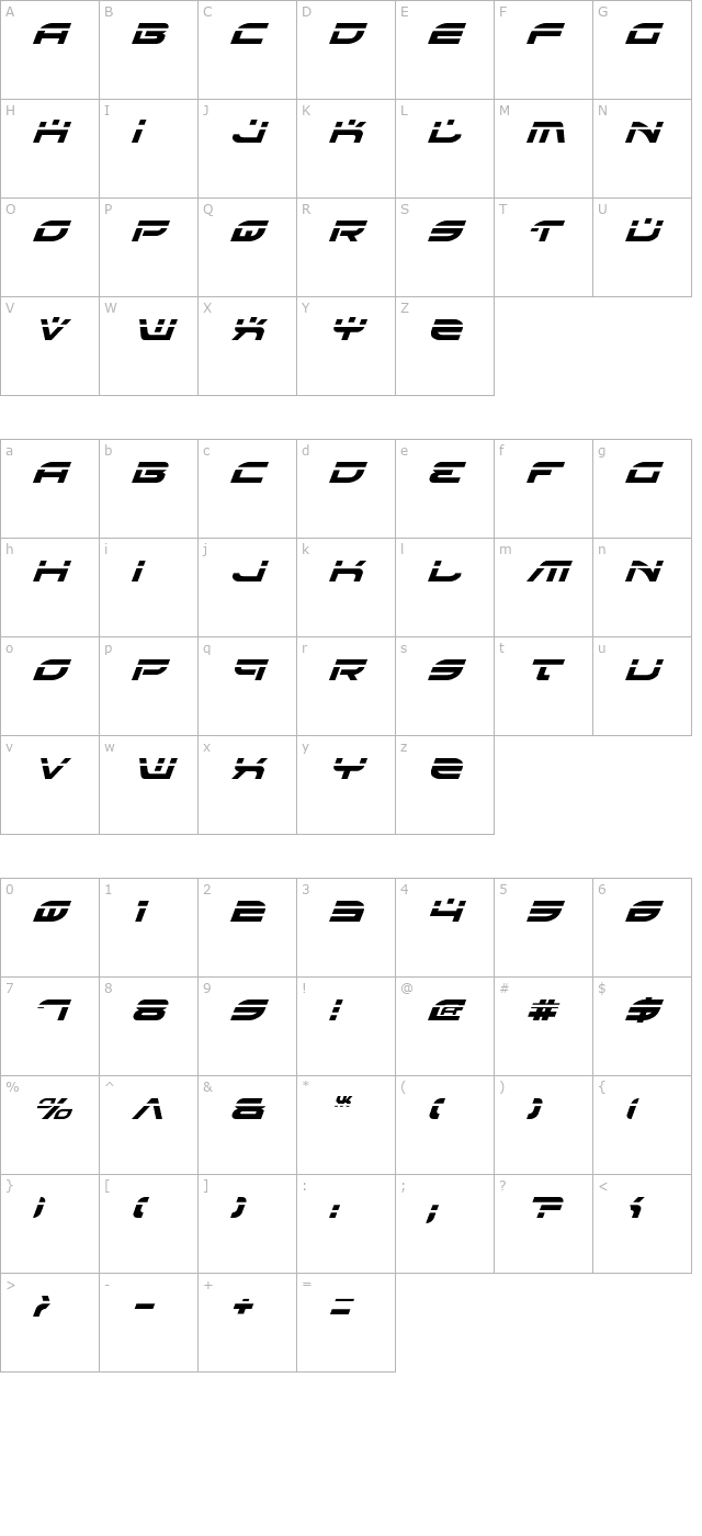 Battlefield Laser Italic character map