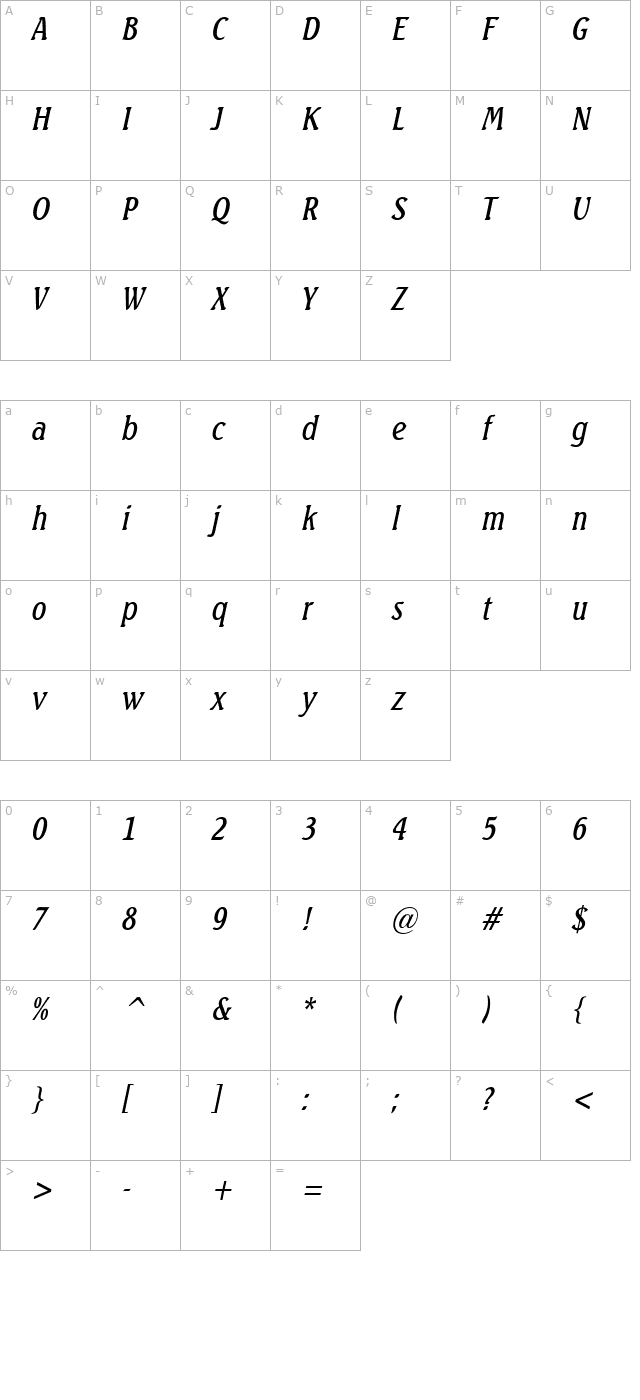 Beach Condensed Italic character map