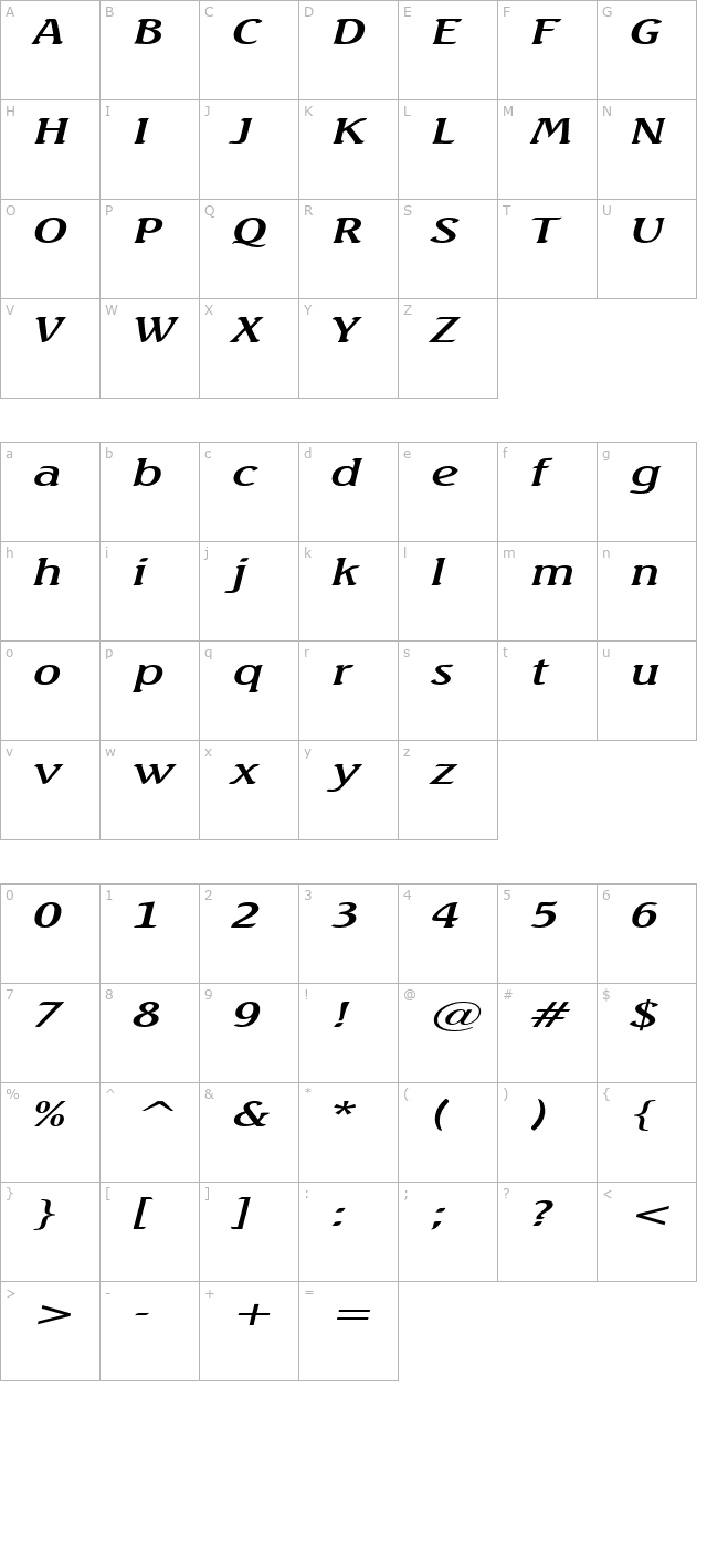 Beach Extended Italic character map