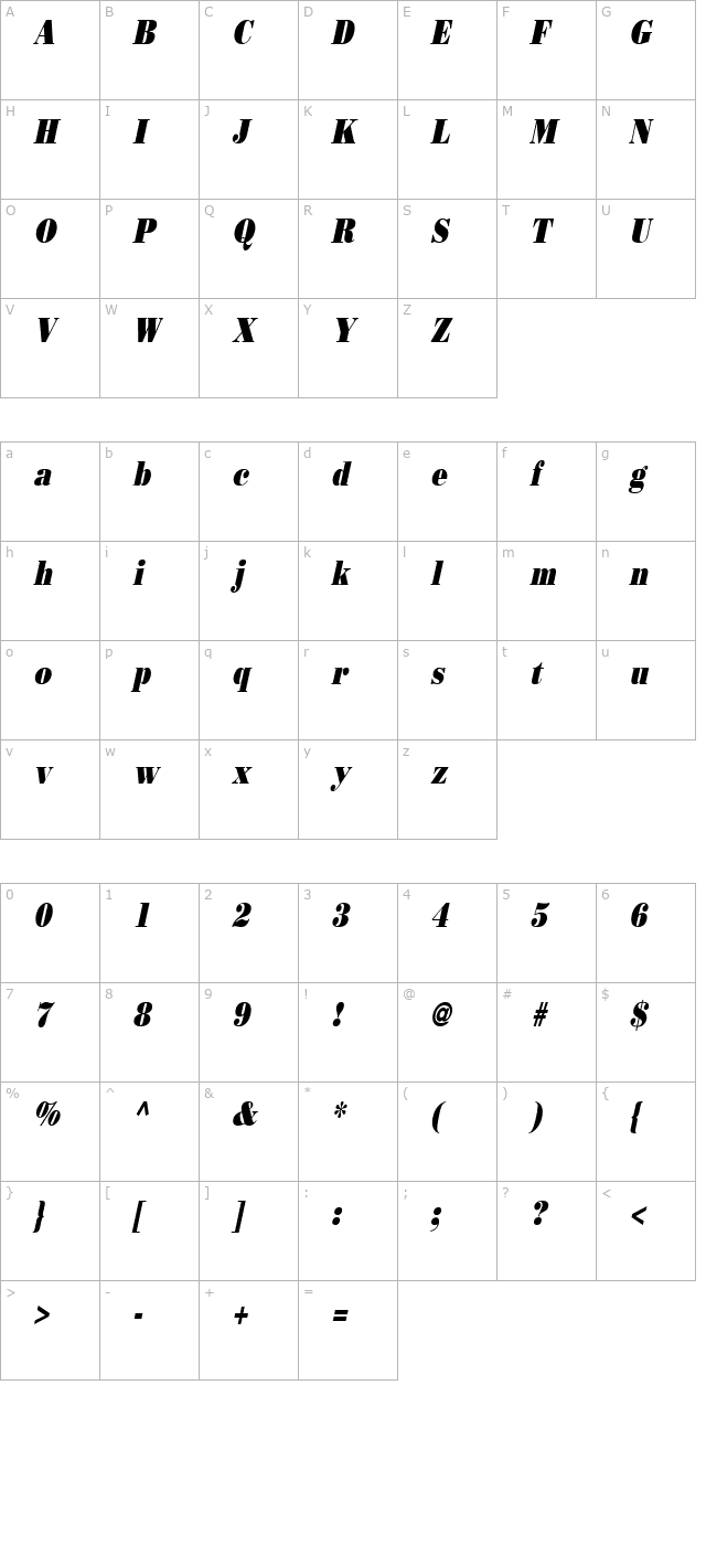 beau-condensed-italic character map