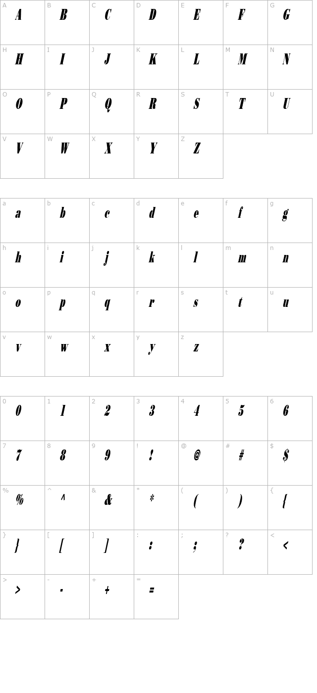 Beau Thin Italic character map