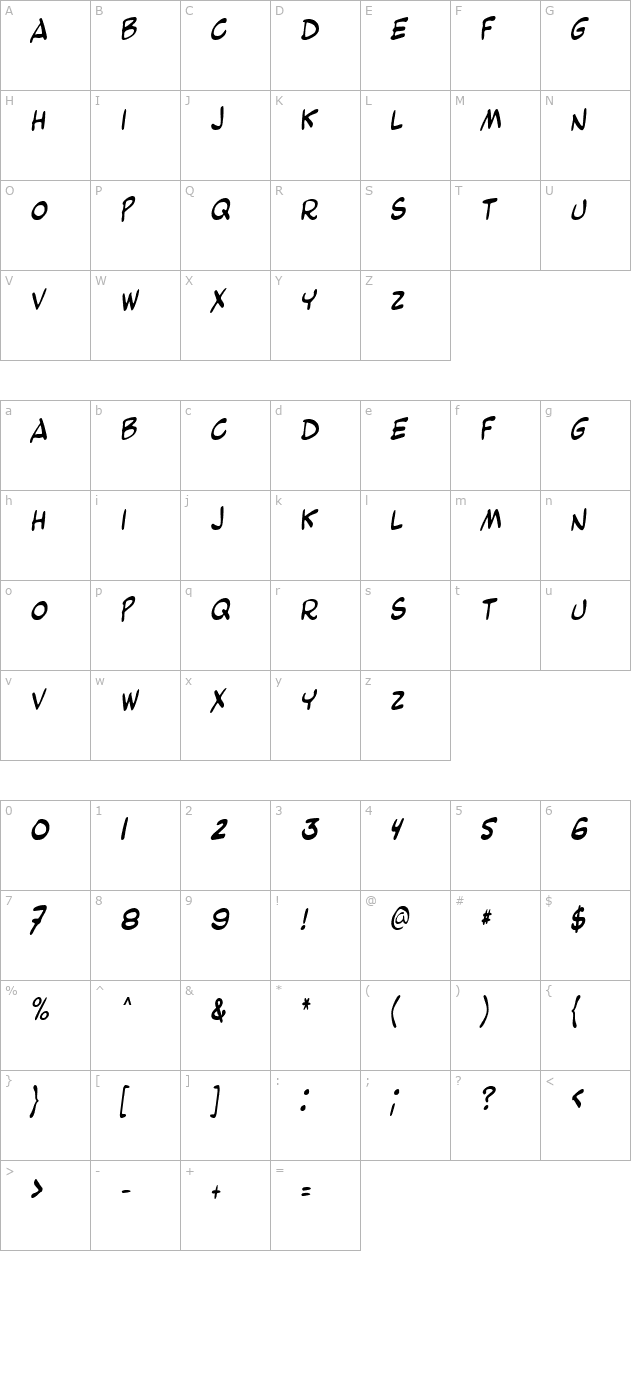 beetlethin-italic character map
