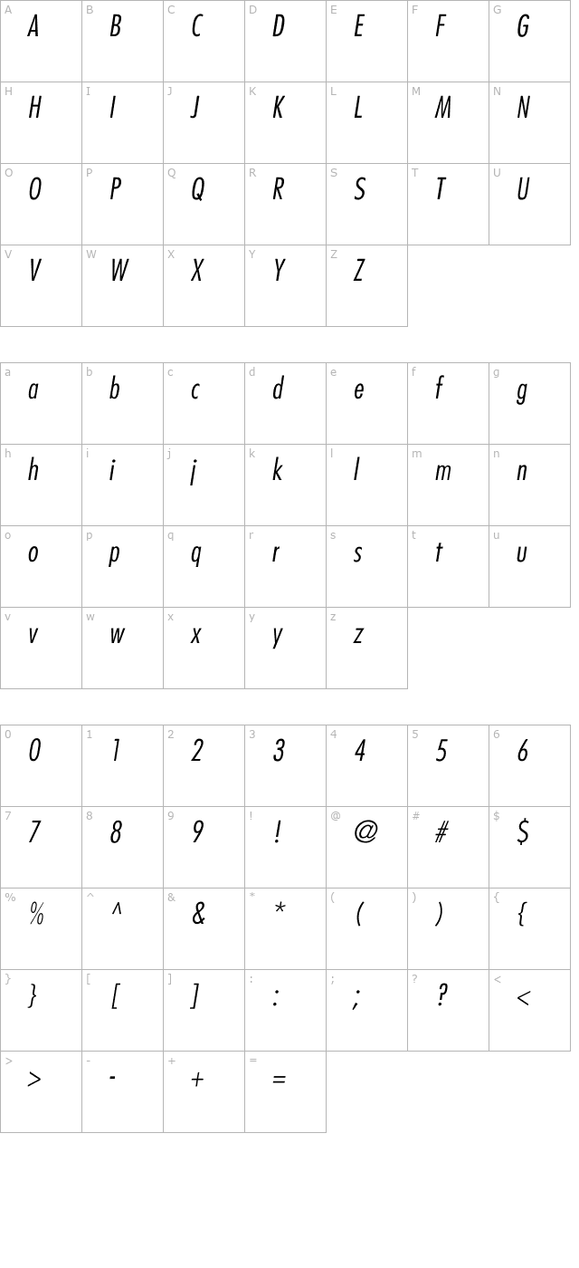 belmar-condensedlight-italic character map
