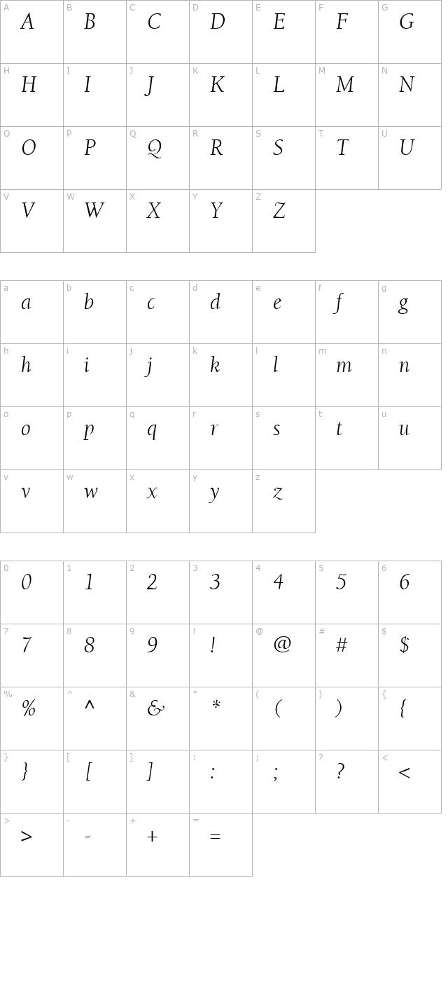 Berkeley-BookItalic character map