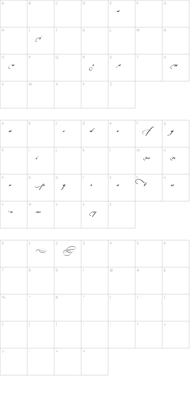 Bickham Script Beginnings character map