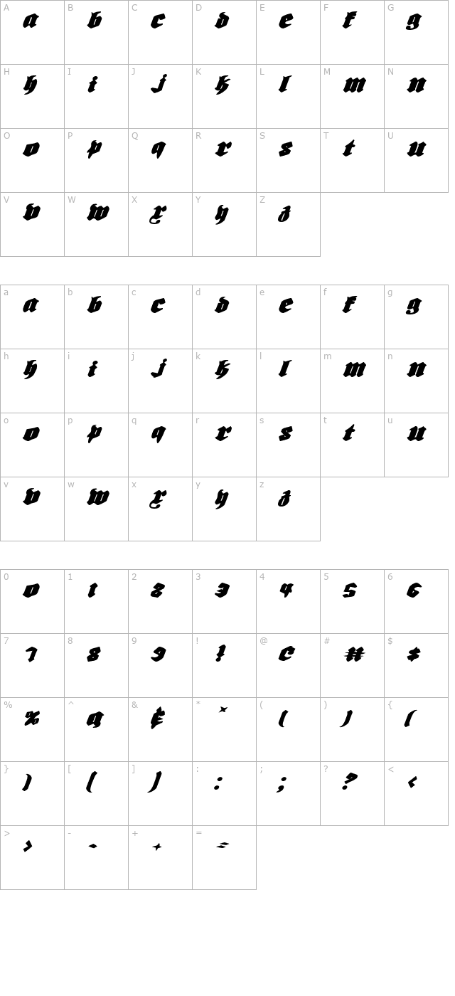 Biergarten Expanded Italic character map