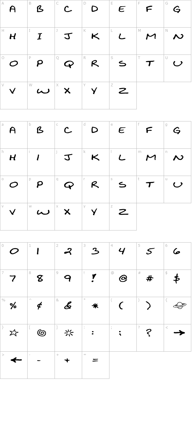 biklyboldfont-wide character map