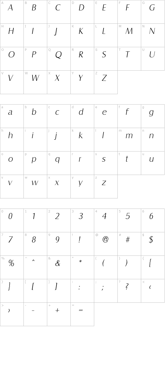 billybecker-extralight-italic character map