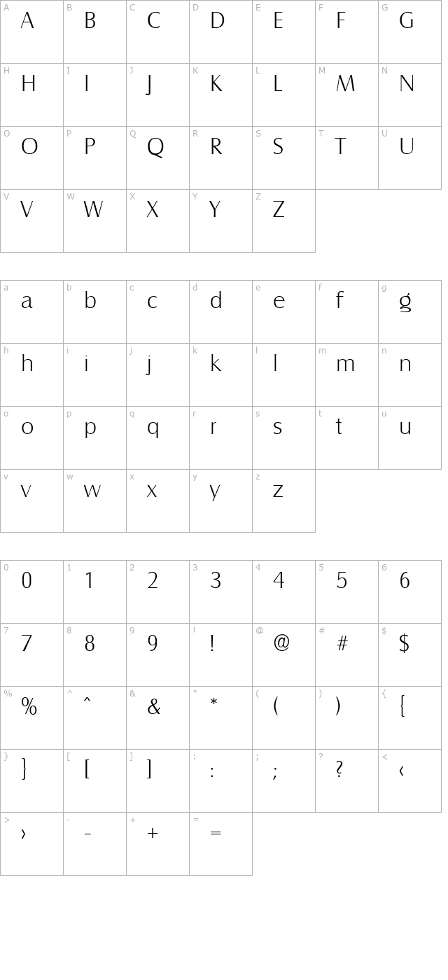 billybecker-extralight character map