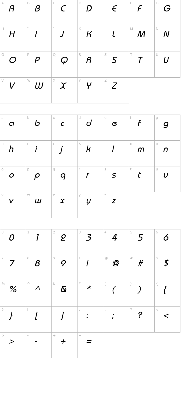Bimini Italic character map
