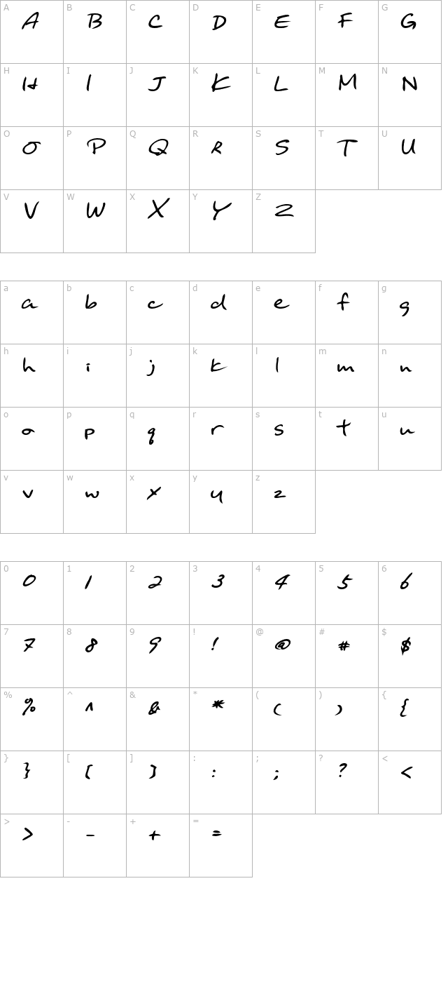 BinghamsHand Bold Italic character map