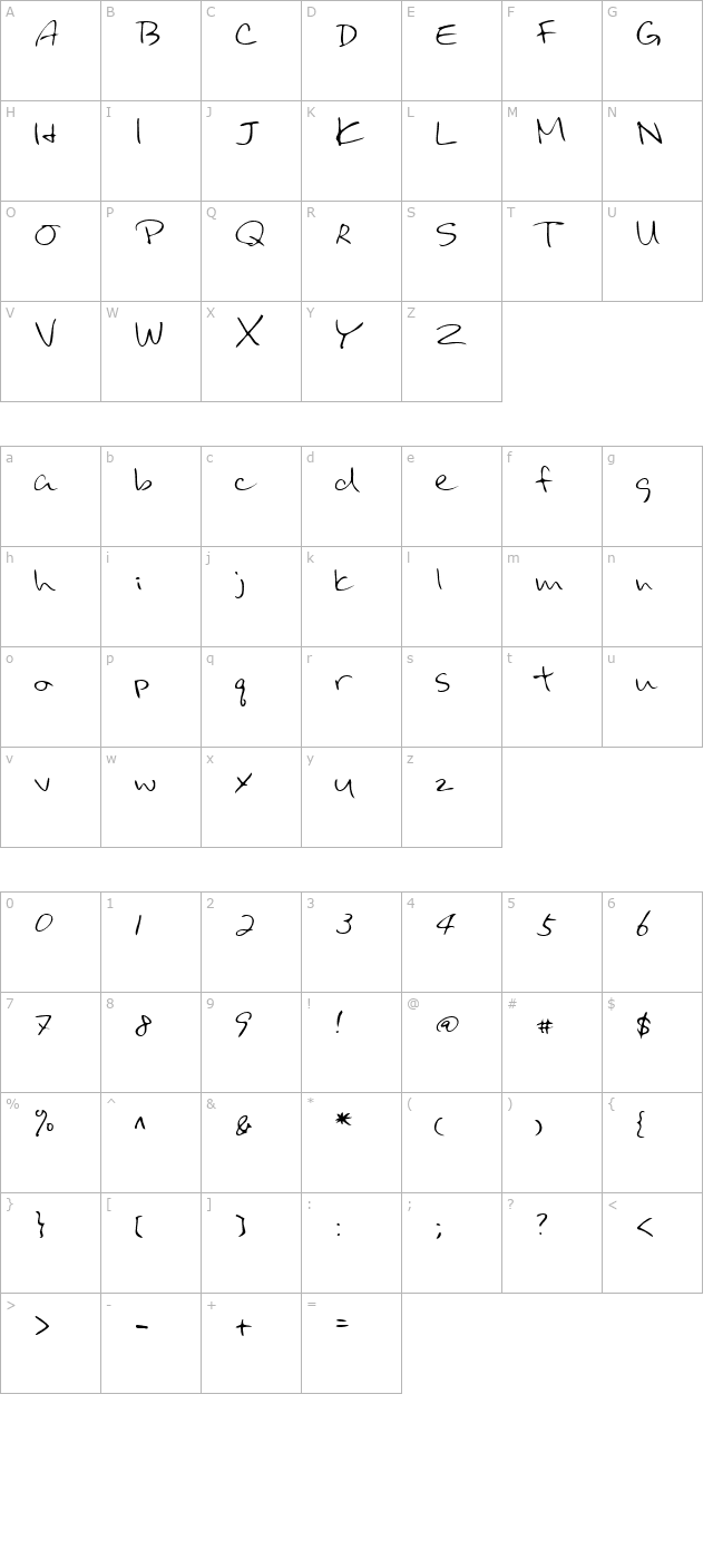 BinghamsHand Regular character map