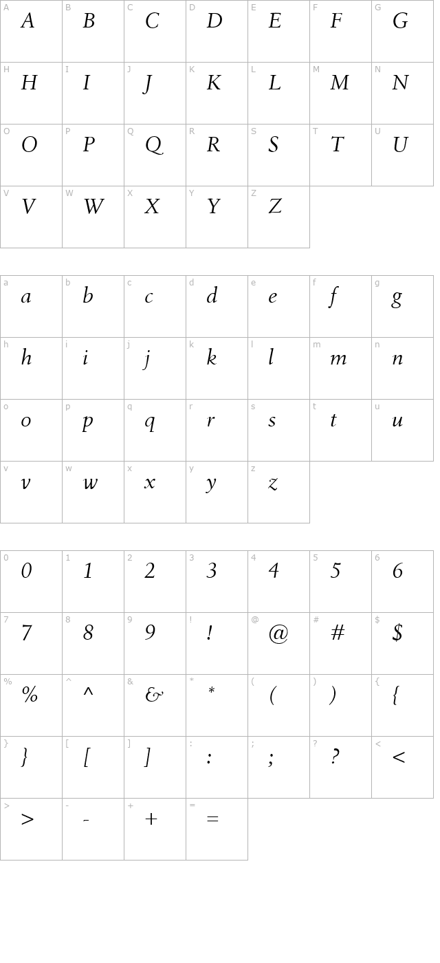 Birka Italic character map