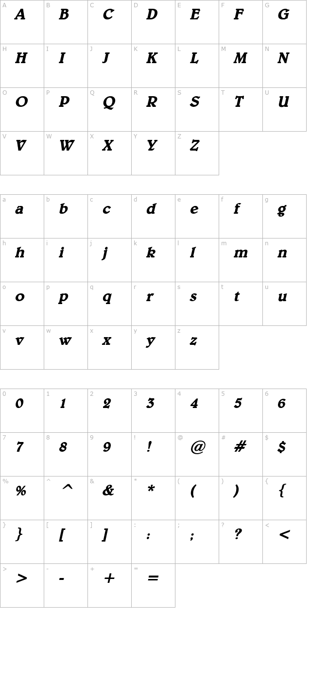 Blew Bold Italic character map