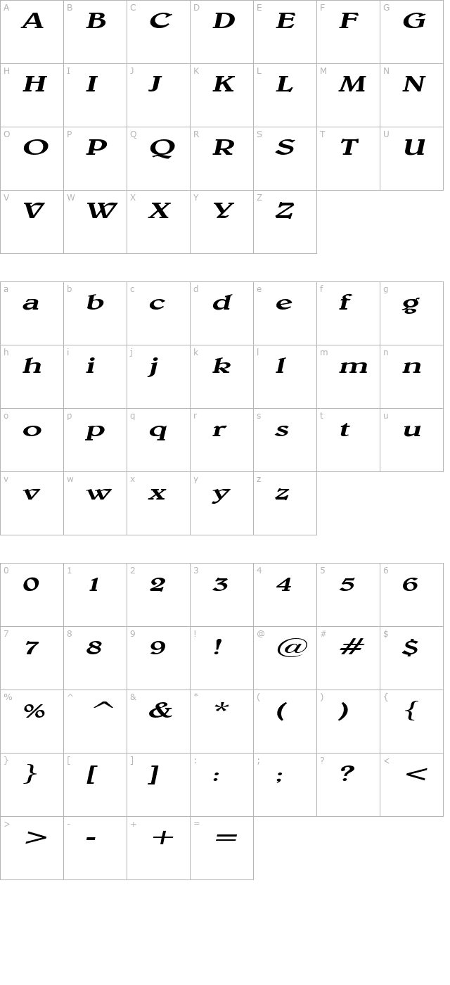 blew-extended-italic character map