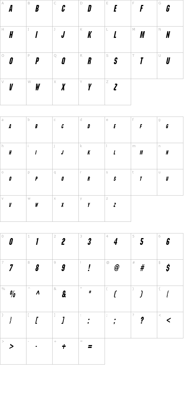 Block Condensed BoldItalic character map