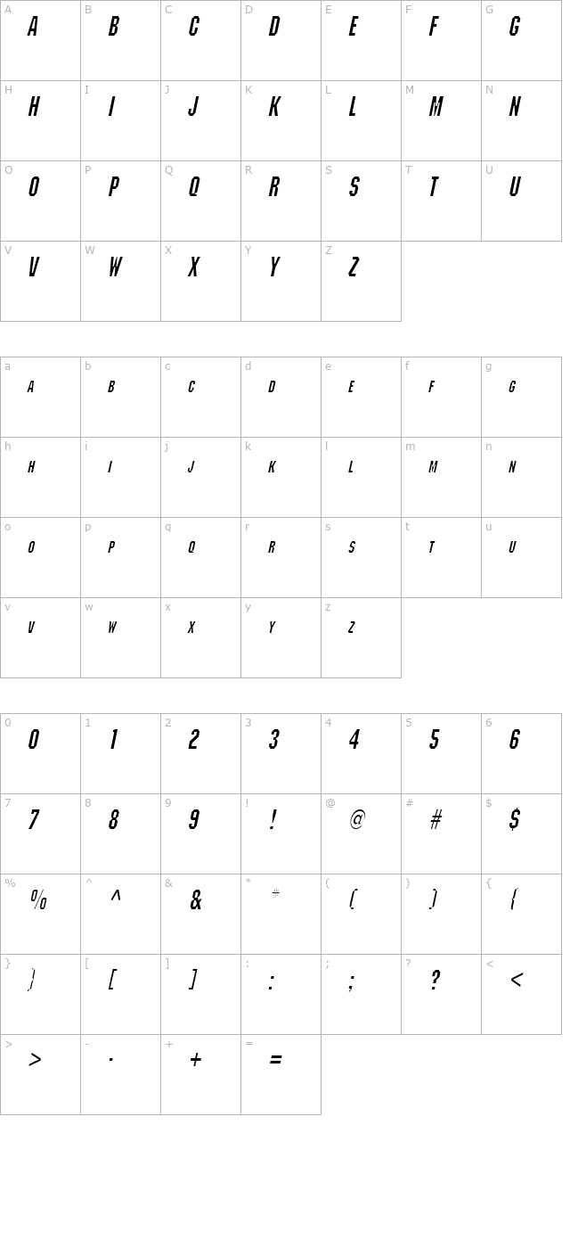 Block Condensed Italic character map